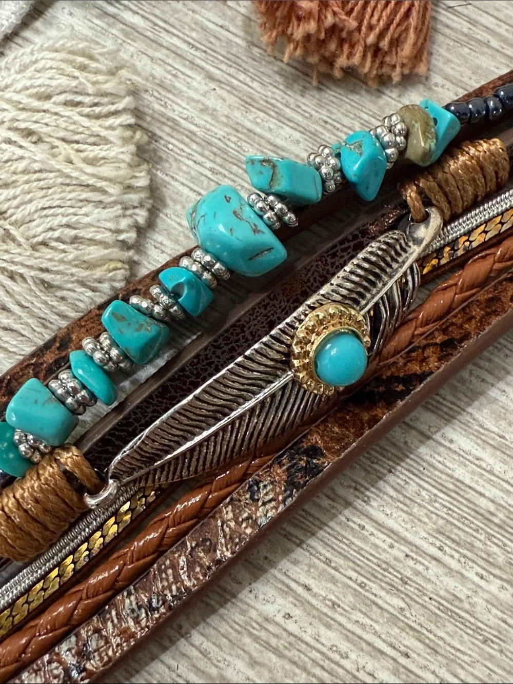 NWT Boho Turquoise Feather Multi-Layer Bracelet - Brown & Turquoise
